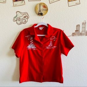 BonWorth Red Silver Boat Print Detail Short Sleeve Button Up Shirt Size Small